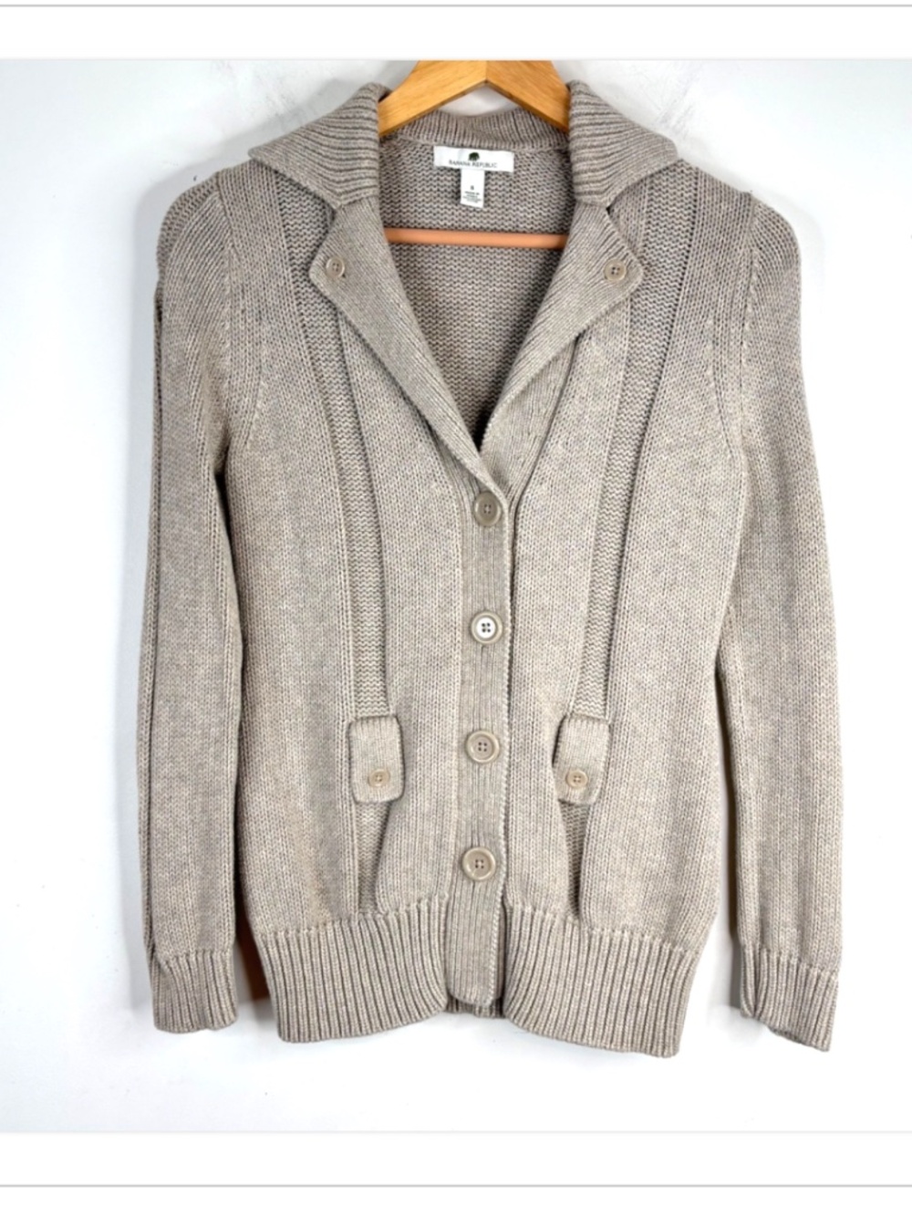 Banana Republic Organic Cotton Cardigan S Beige Chunky Fisherman Neutral Preppy - Picture 10 of 10